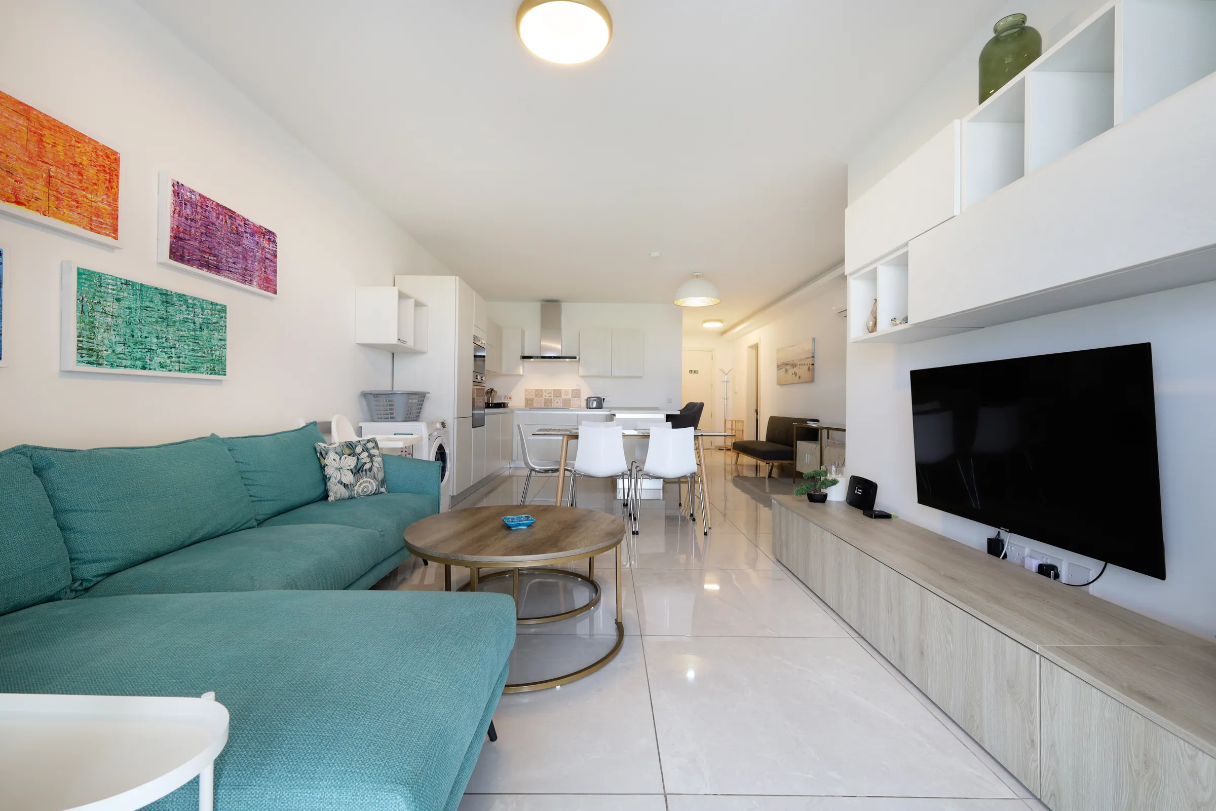 A finished open-plan living room and kitchen